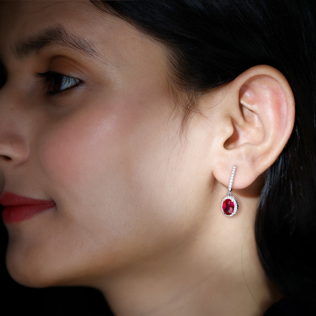 3 Carat Oval Lab Created Ruby Bridal Hoop Earrings with Diamond Halo