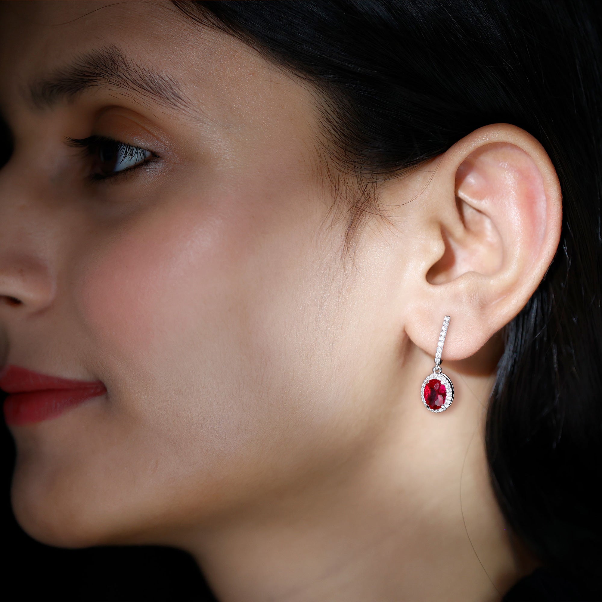 3 Carat Oval Lab Created Ruby Bridal Hoop Earrings with Diamond Halo