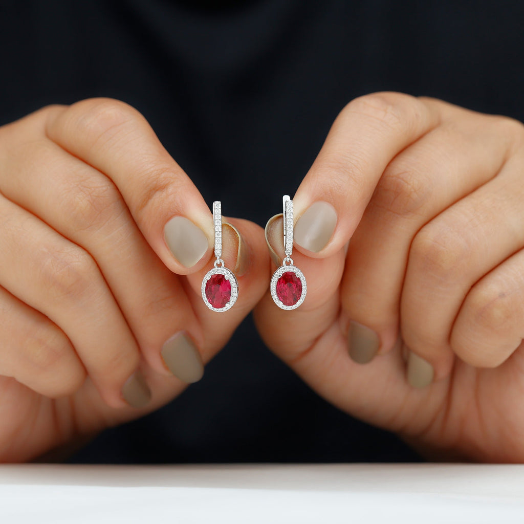 3 Carat Oval Lab Created Ruby Bridal Hoop Earrings with Diamond Halo