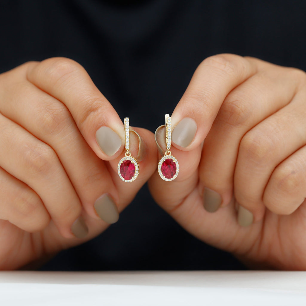 3 Carat Oval Lab Created Ruby Bridal Hoop Earrings with Diamond Halo