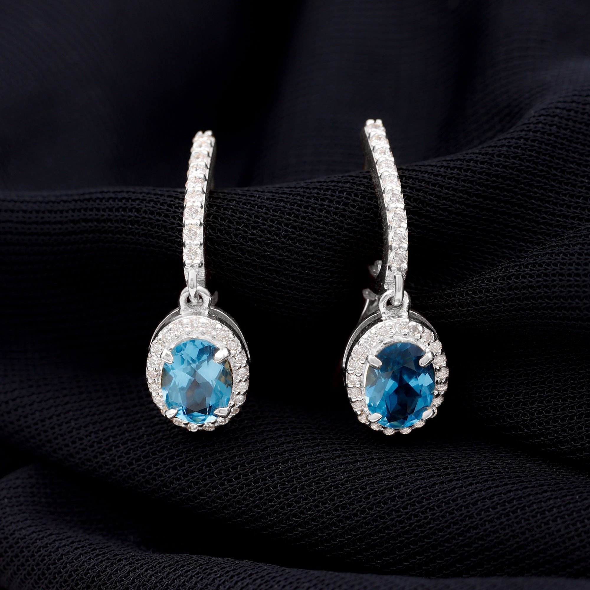 2.2 Carat Oval London Blue Topaz and Diamond Hoop Drop Earrings