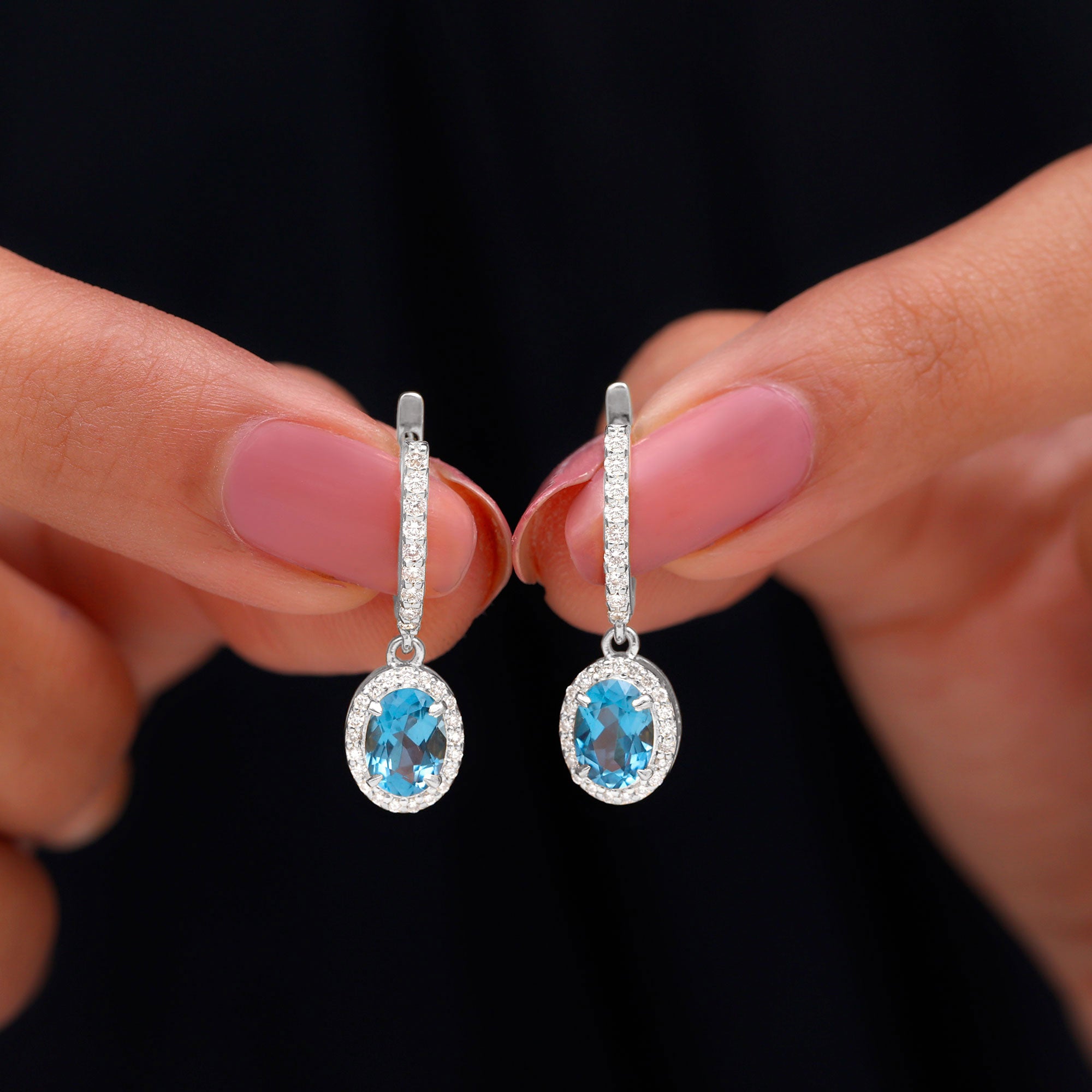 2.2 Carat Oval London Blue Topaz and Diamond Hoop Drop Earrings