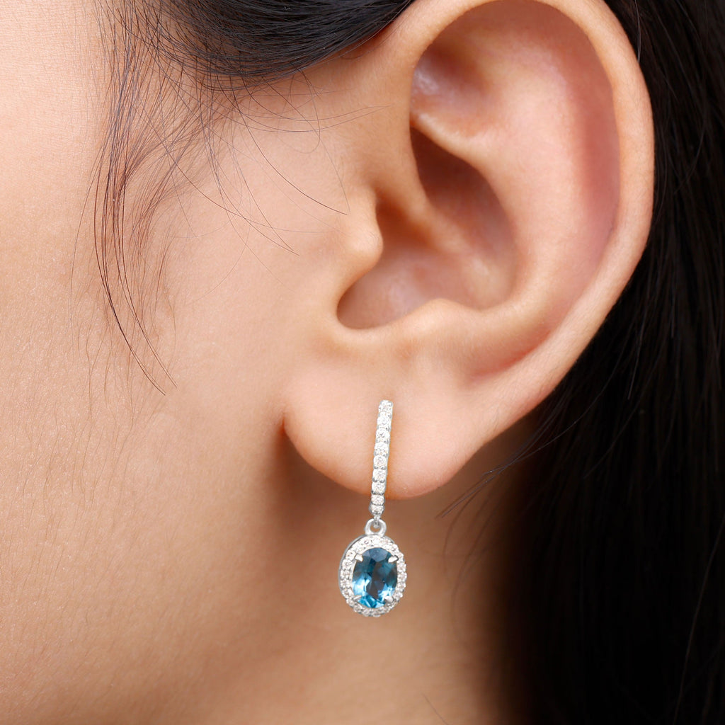 2.2 Carat Oval London Blue Topaz and Diamond Hoop Drop Earrings