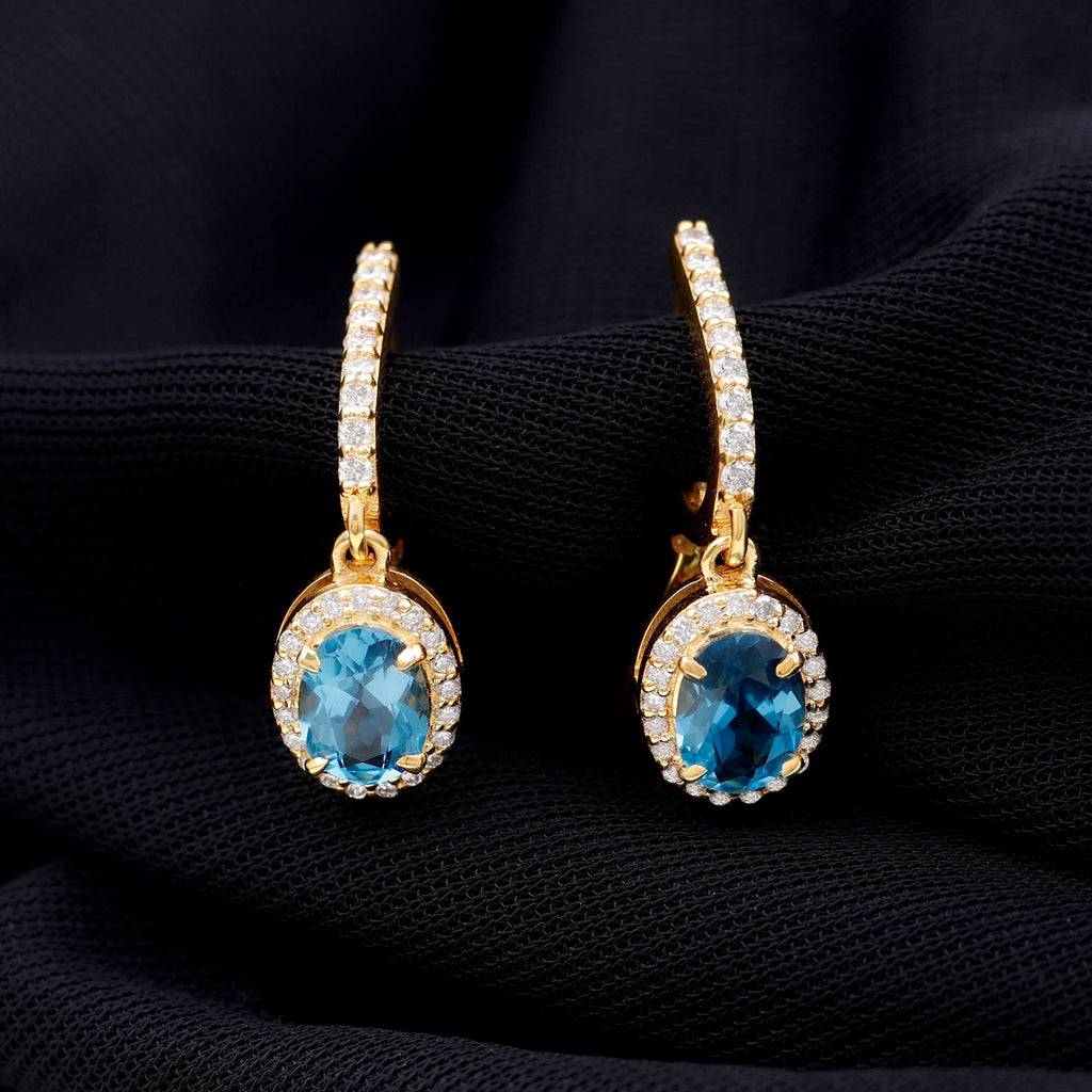 2.2 Carat Oval London Blue Topaz and Diamond Hoop Drop Earrings