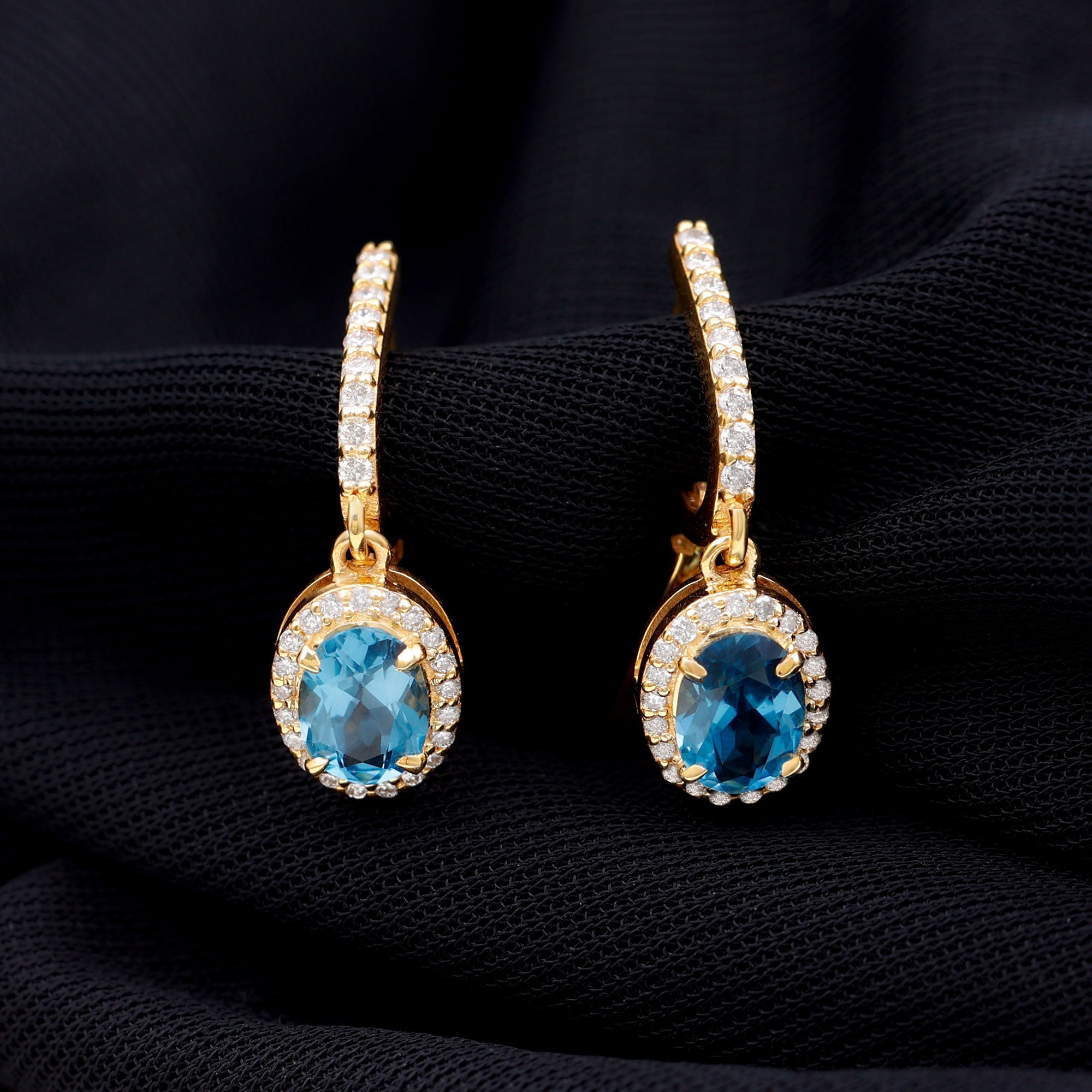 2.2 Carat Oval London Blue Topaz and Diamond Hoop Drop Earrings
