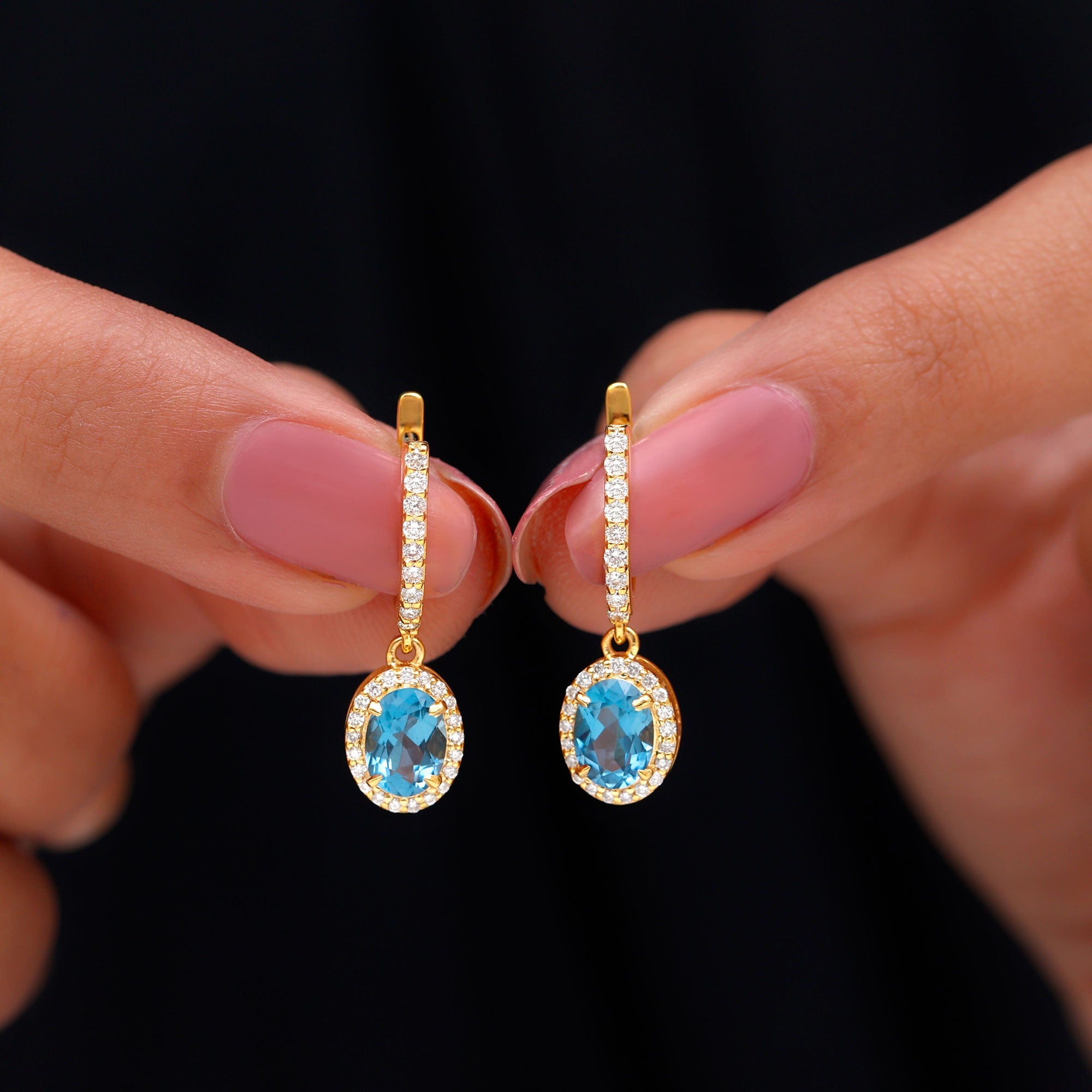 2.2 Carat Oval London Blue Topaz and Diamond Hoop Drop Earrings