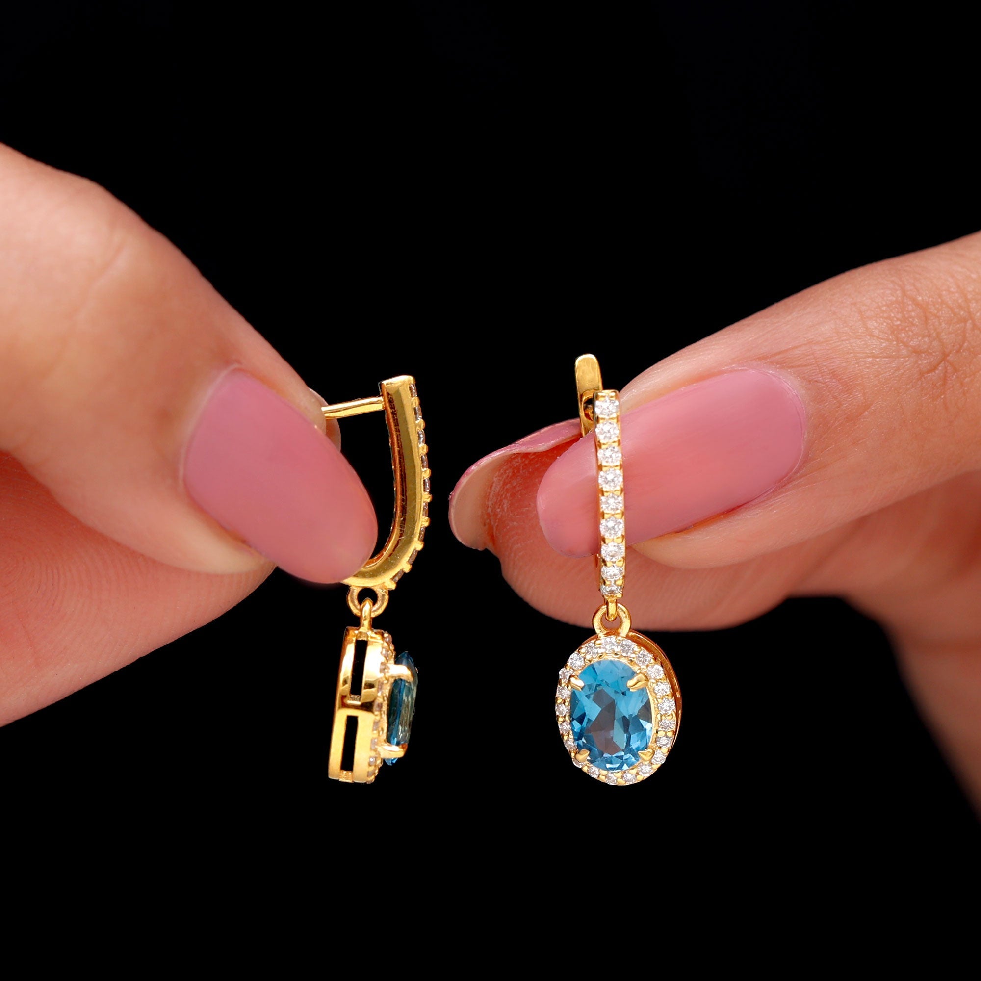 2.2 Carat Oval London Blue Topaz and Diamond Hoop Drop Earrings