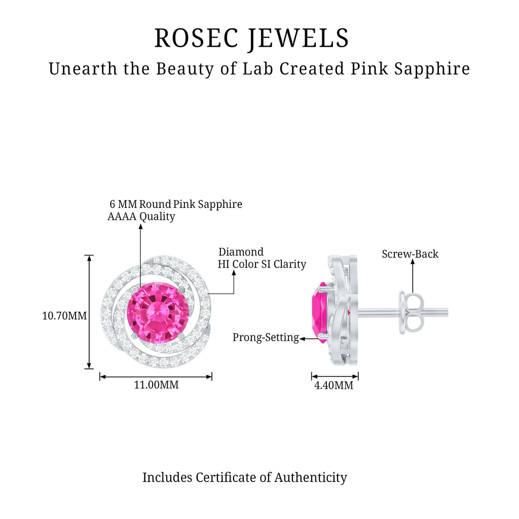 Lab Created Pink Sapphire Swirl Stud Earrings with Diamond
