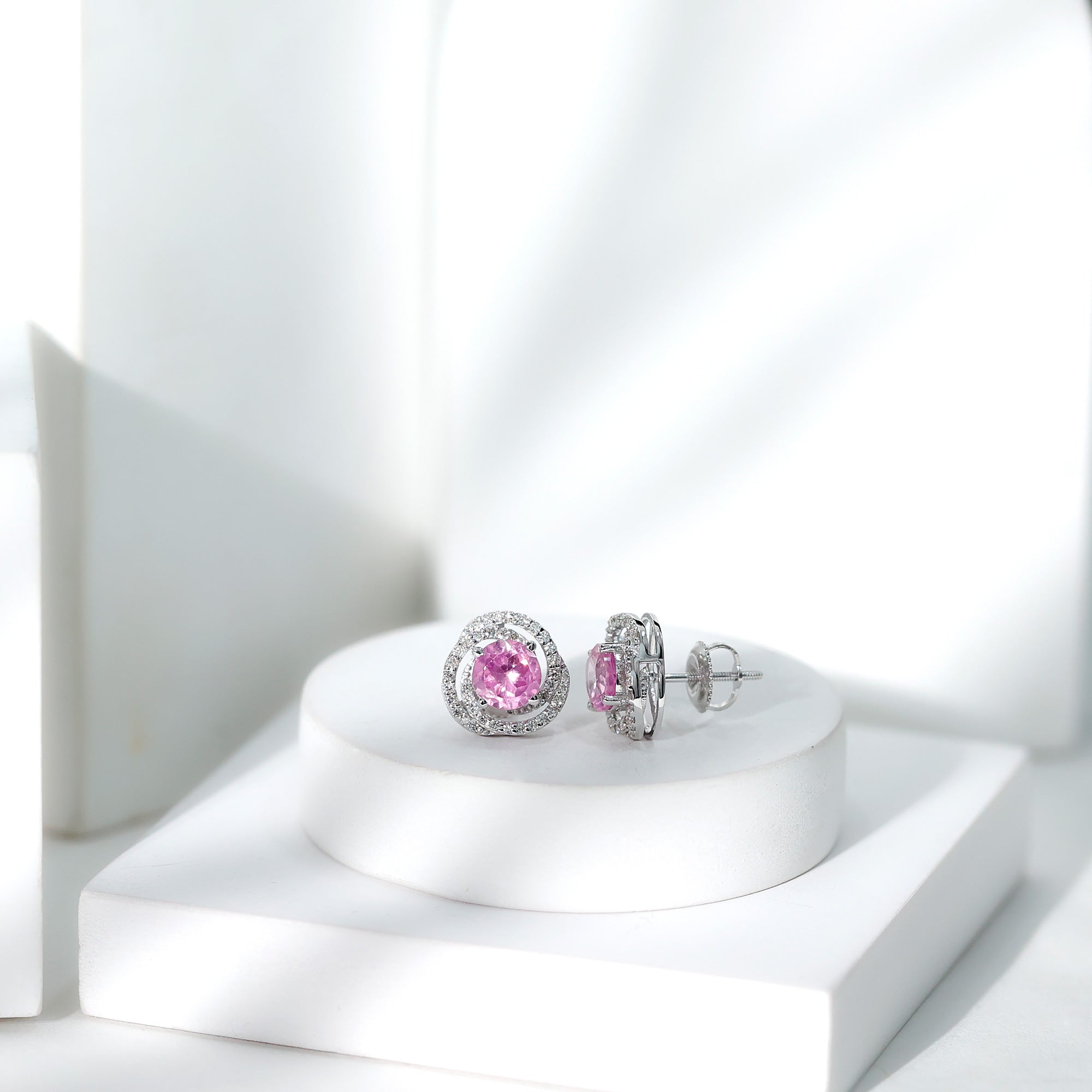 Lab Created Pink Sapphire Swirl Stud Earrings with Diamond
