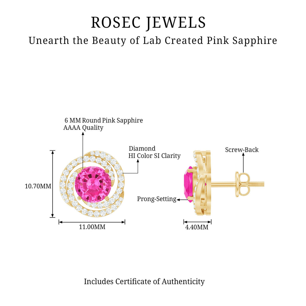 Lab Created Pink Sapphire Swirl Stud Earrings with Diamond