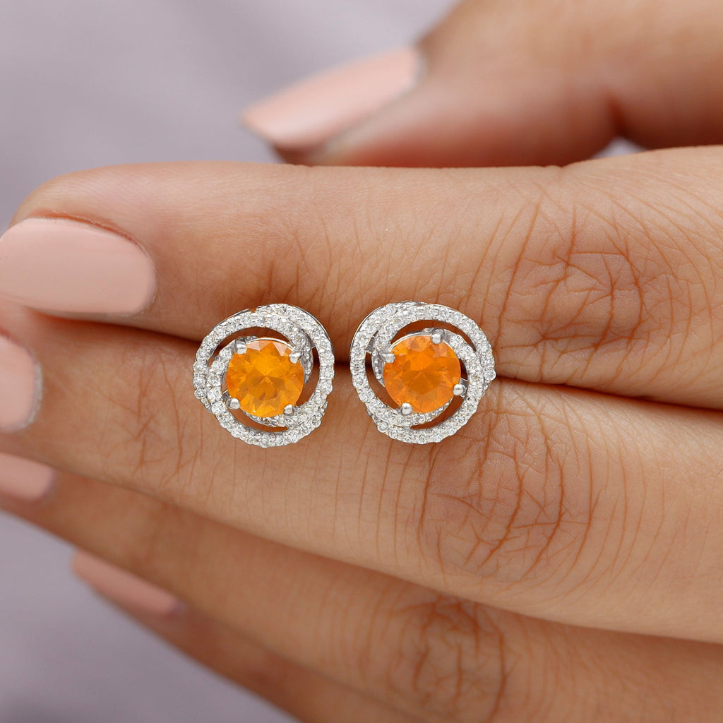 Real Fire Opal and Diamond Big Stud Earrings