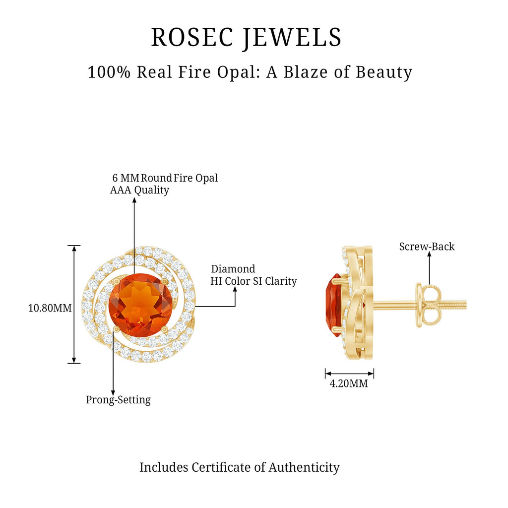 Real Fire Opal and Diamond Big Stud Earrings