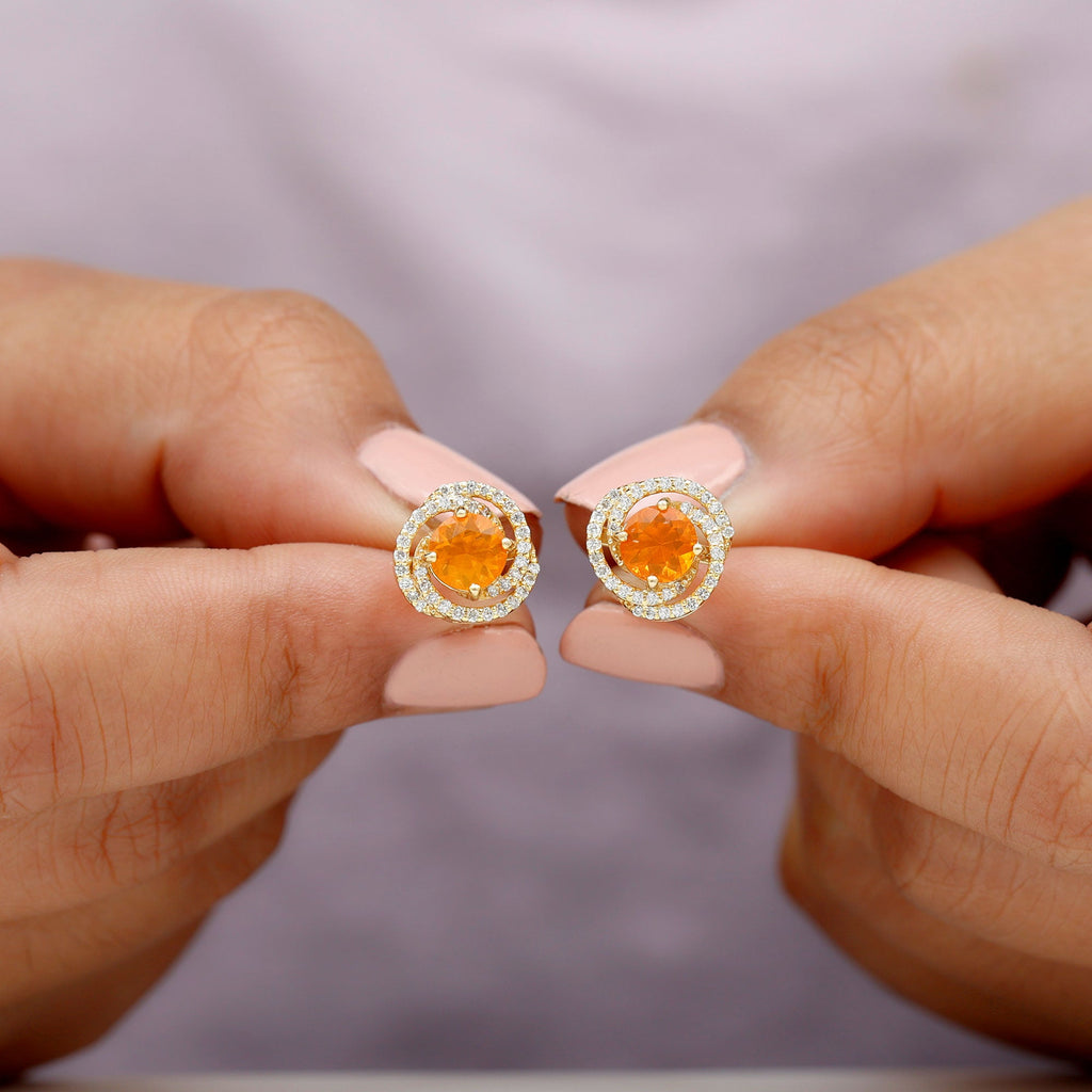 Real Fire Opal and Diamond Big Stud Earrings