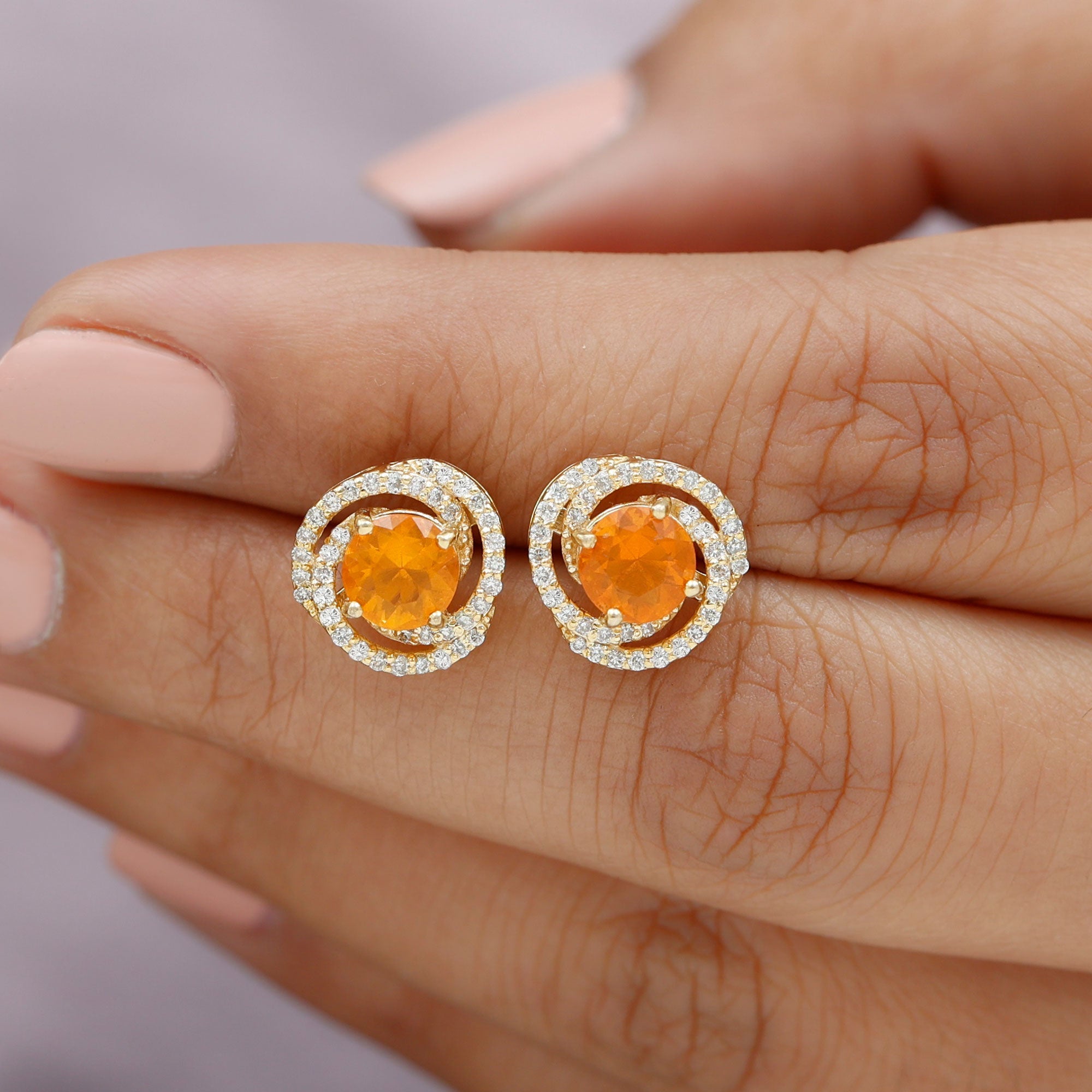 Real Fire Opal and Diamond Big Stud Earrings
