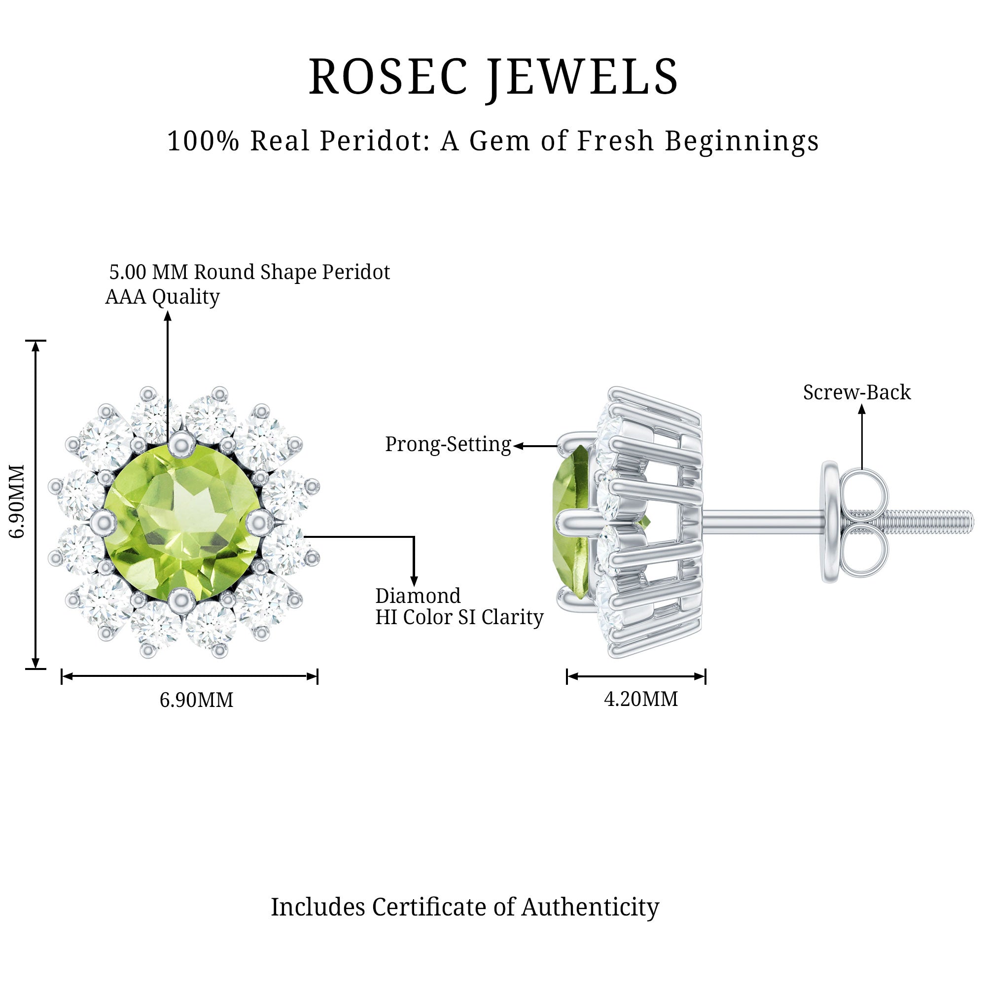 Natural 1 Carat Peridot Earrings with Diamond Halo for Women