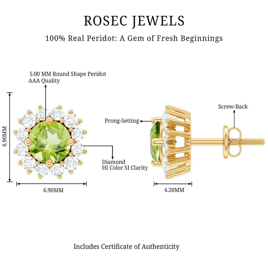 Natural 1 Carat Peridot Earrings with Diamond Halo for Women