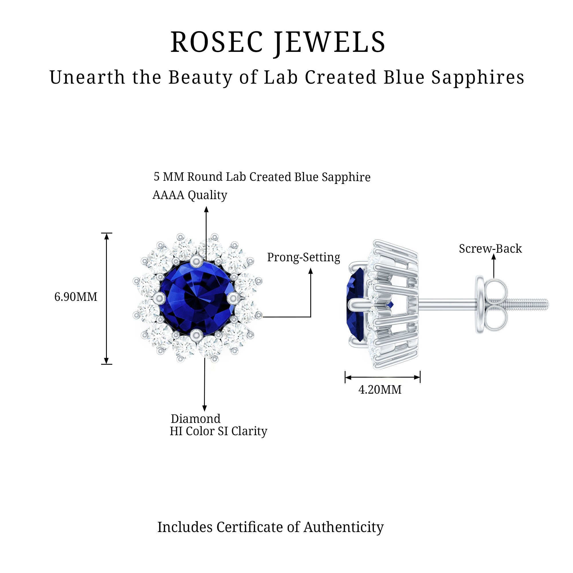 Brilliant Cut Lab Created Blue Sapphire Stud Earrings with Diamond Halo