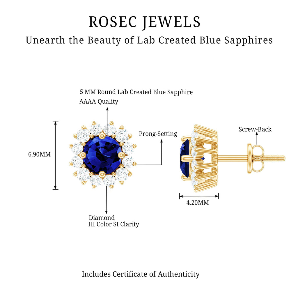 Brilliant Cut Lab Created Blue Sapphire Stud Earrings with Diamond Halo