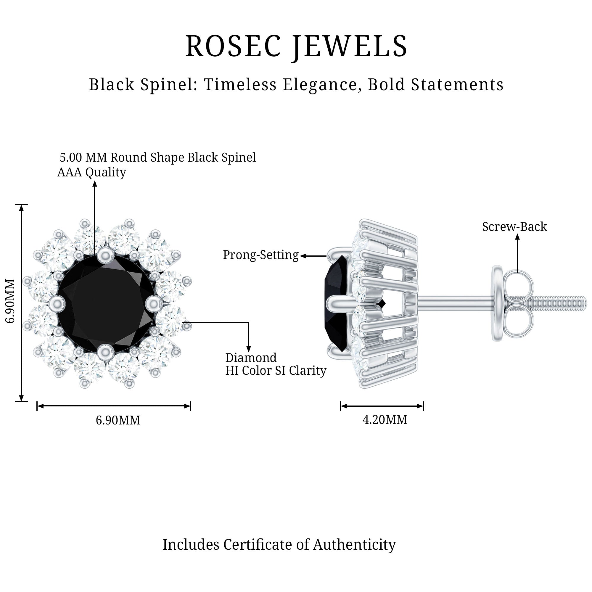 Natural Black Spinel Diamond Stud Earrings with Screw Back