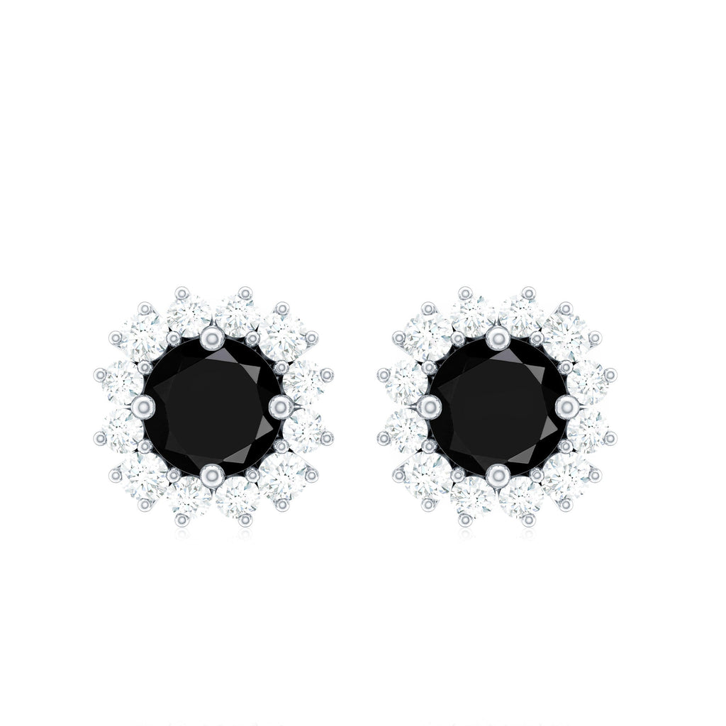 Certified Natural Black Onyx Stud Earrings with Diamond Halo