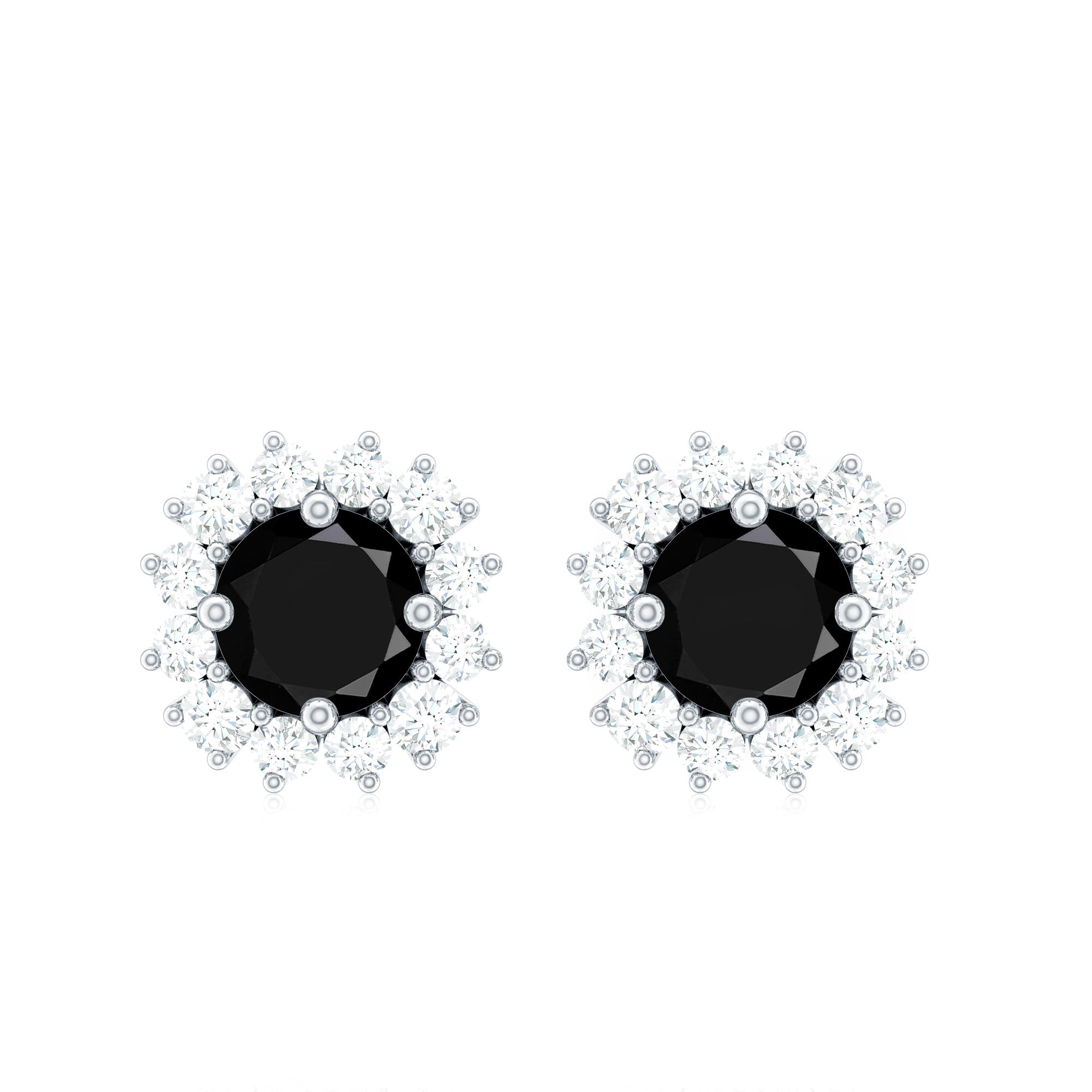 Certified Natural Black Onyx Stud Earrings with Diamond Halo