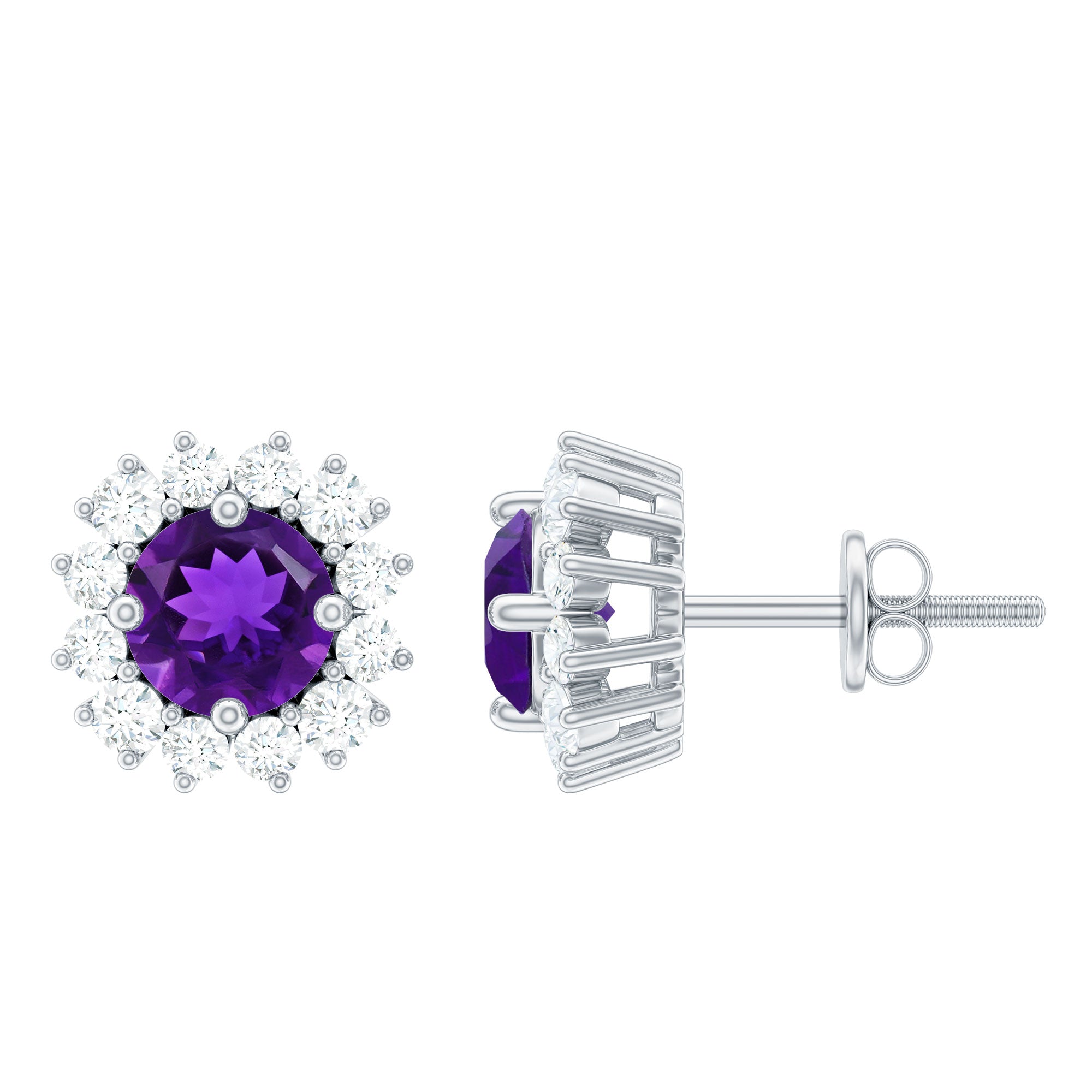 Classic Amethyst Stud Earrings with Diamond Halo