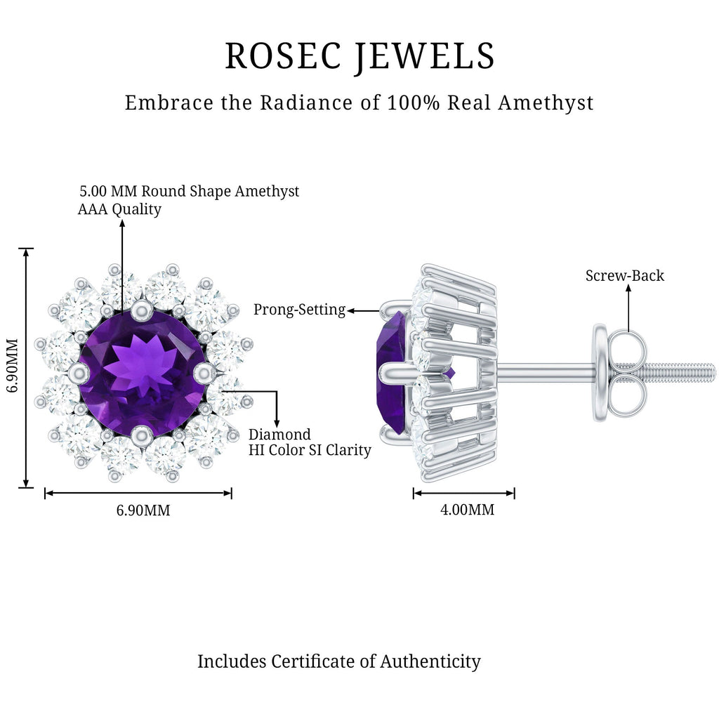 Classic Amethyst Stud Earrings with Diamond Halo