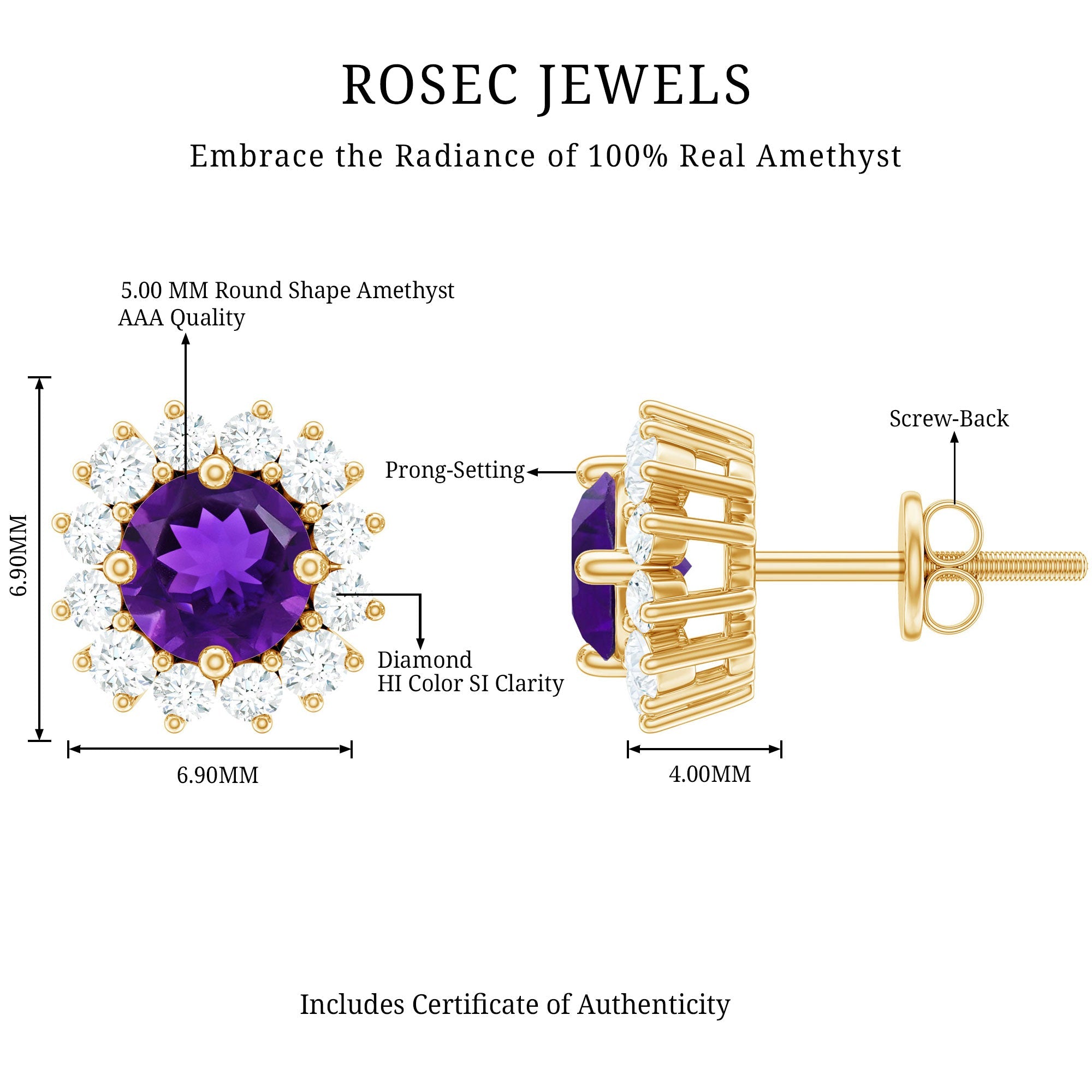 Classic Amethyst Stud Earrings with Diamond Halo