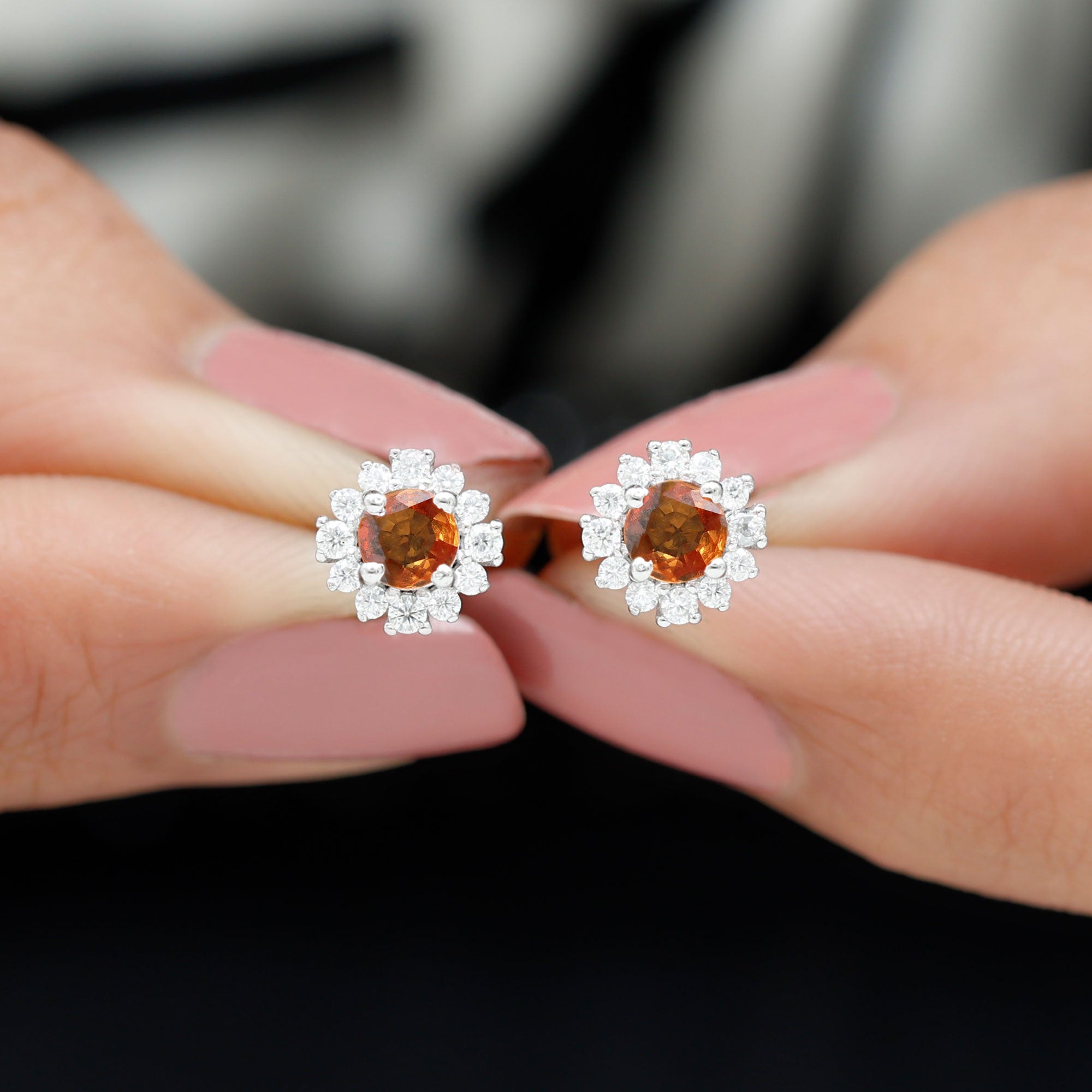 Lab Created Orange Sapphire and Diamond Stud Earrings