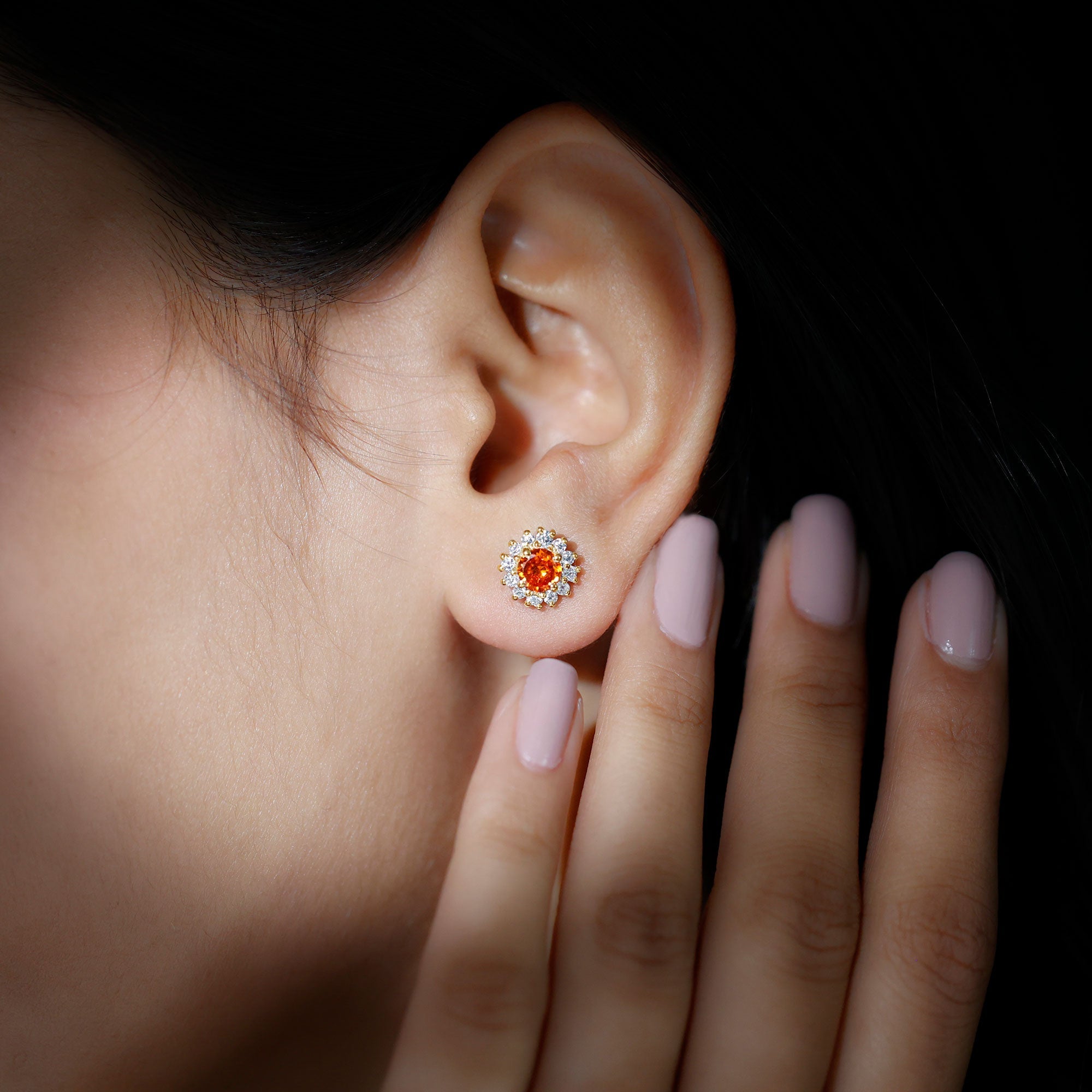 Lab Created Orange Sapphire and Diamond Stud Earrings