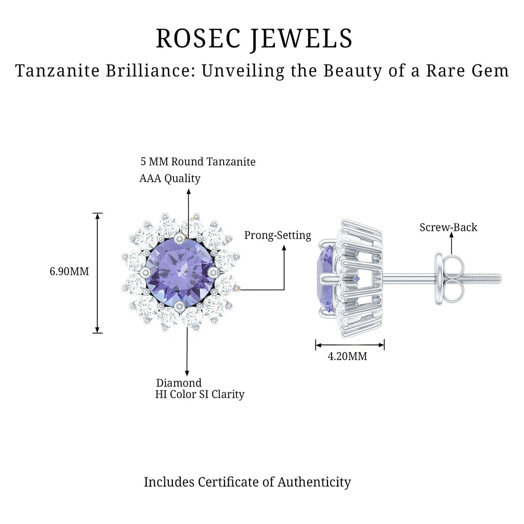 Natural 1 Carat Tanzanite Stud Earrings with Diamond Halo