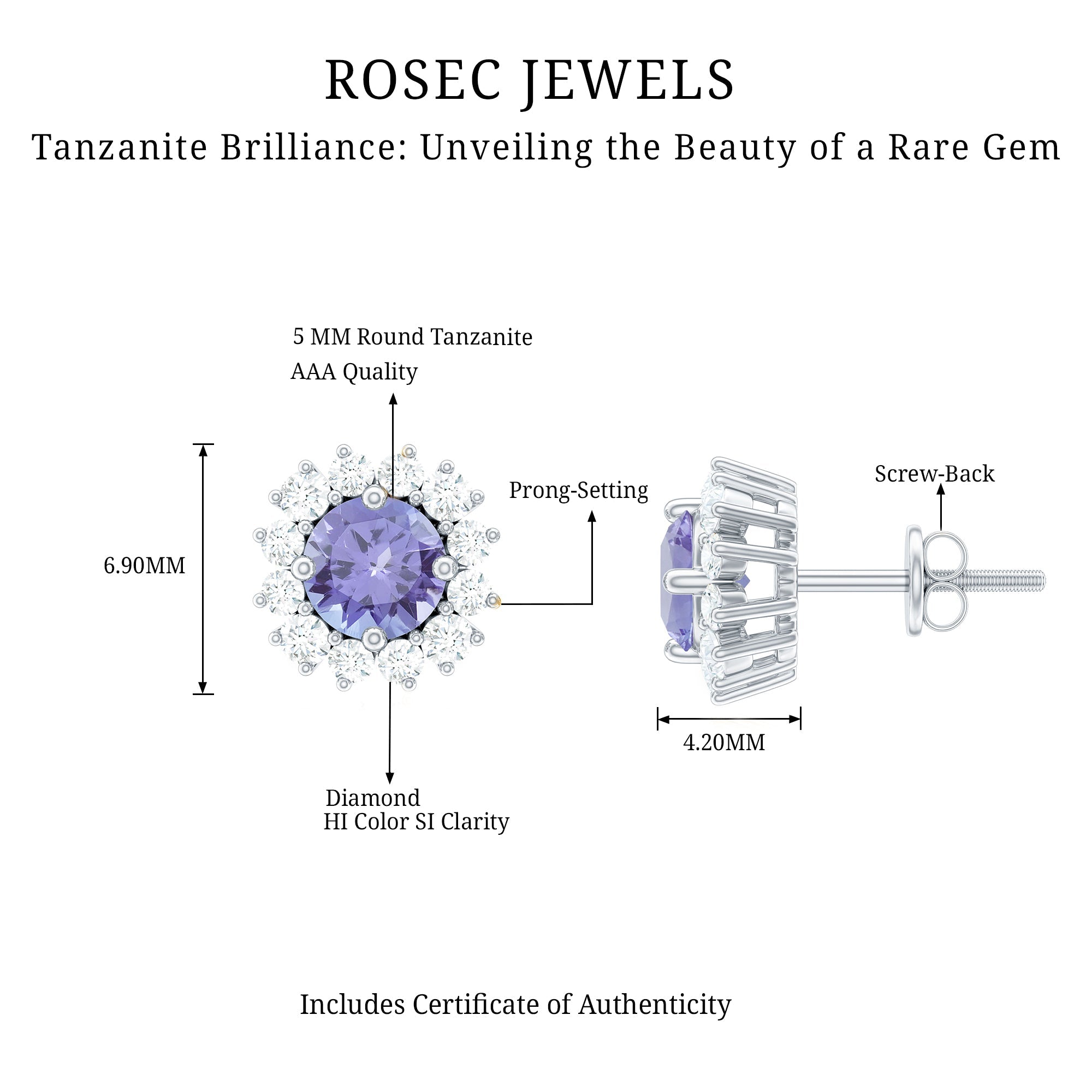 Natural 1 Carat Tanzanite Stud Earrings with Diamond Halo