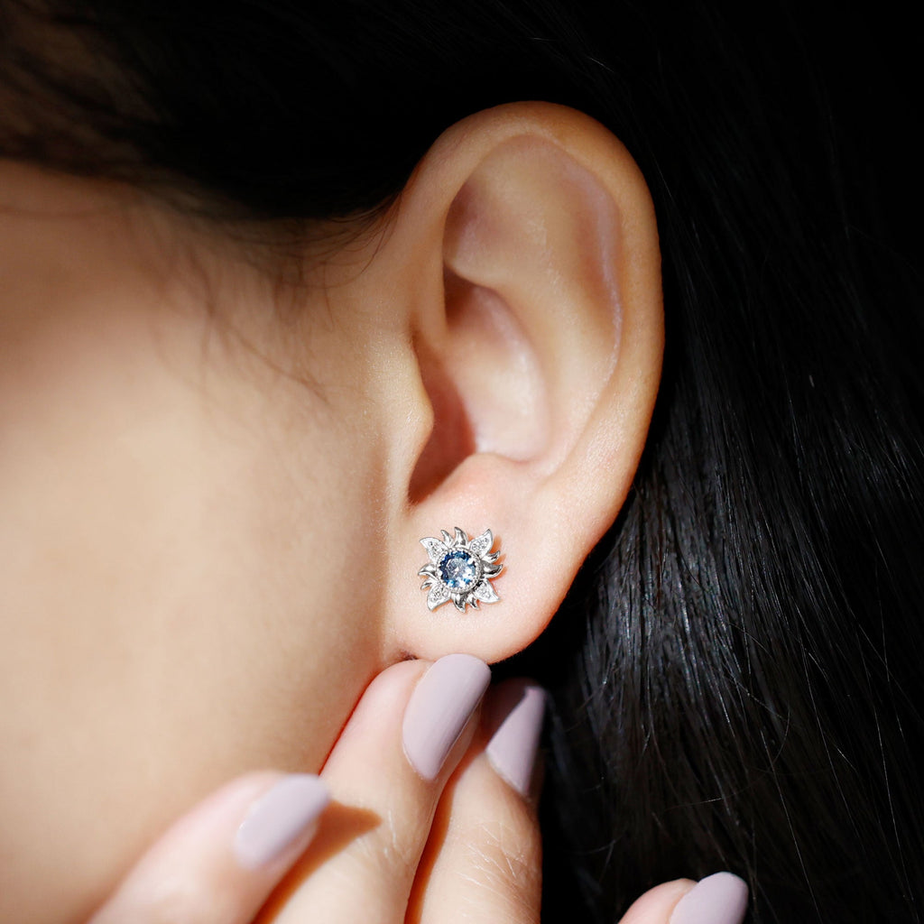 London Blue Topaz and Diamond Sunburst Stud Earrings