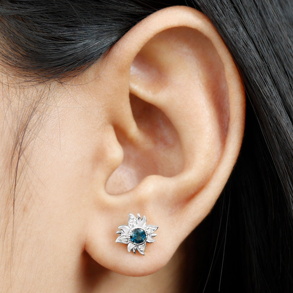London Blue Topaz and Diamond Sunburst Stud Earrings