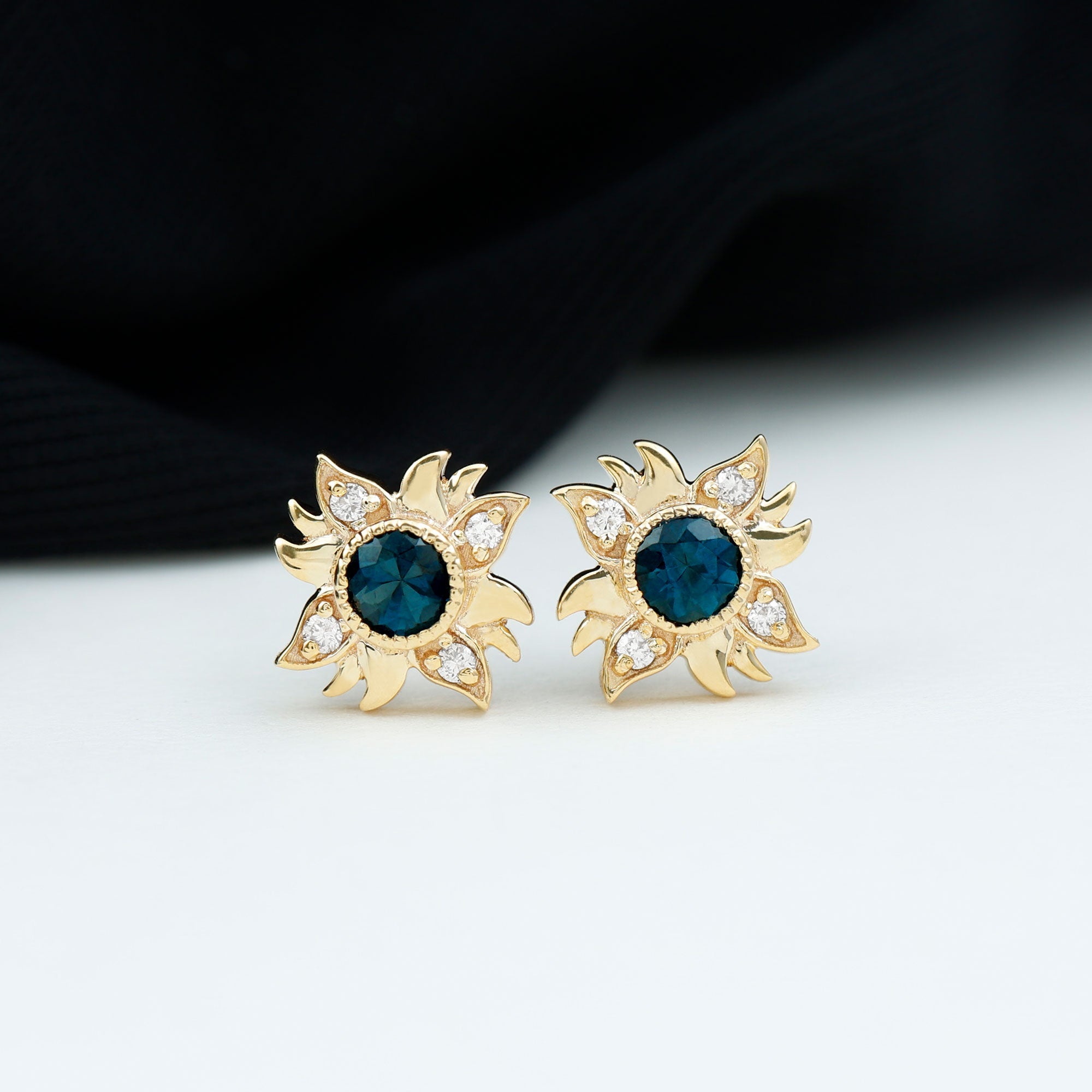 London Blue Topaz and Diamond Sunburst Stud Earrings