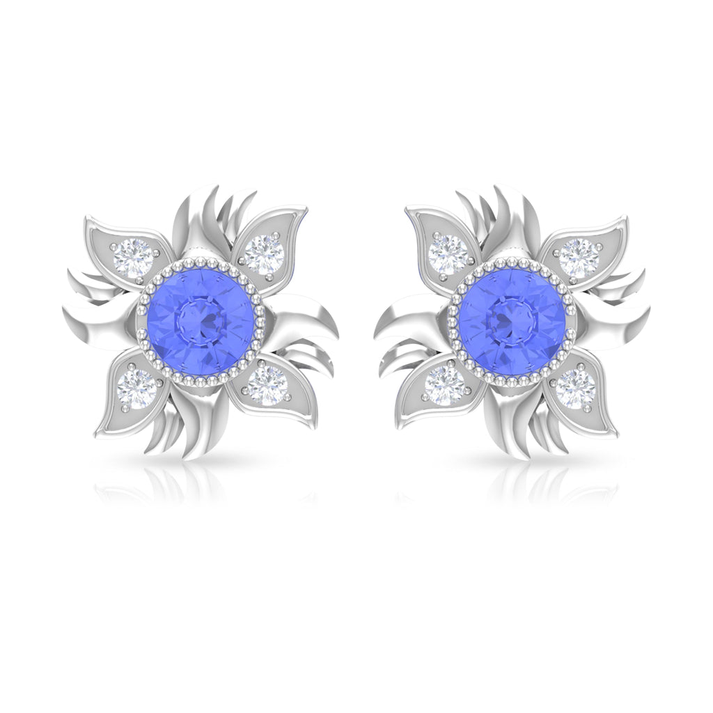 Round Shape Tanzanite and Diamond Sunburst Stud Earrings