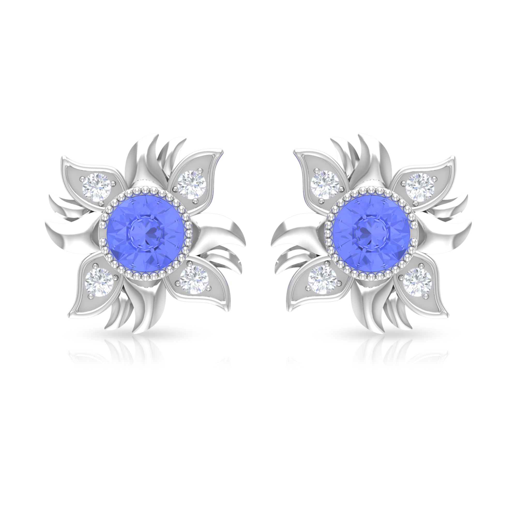 Round Shape Tanzanite and Diamond Sunburst Stud Earrings