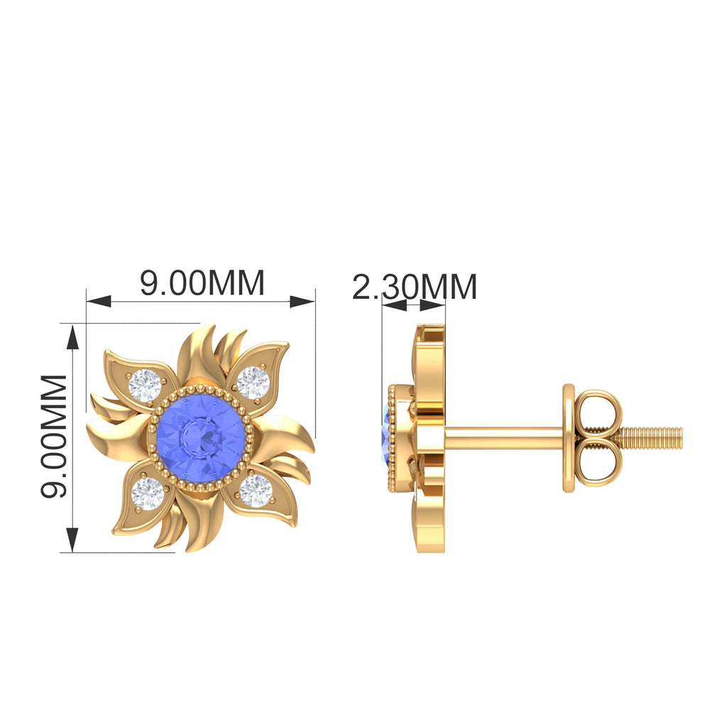 Round Shape Tanzanite and Diamond Sunburst Stud Earrings