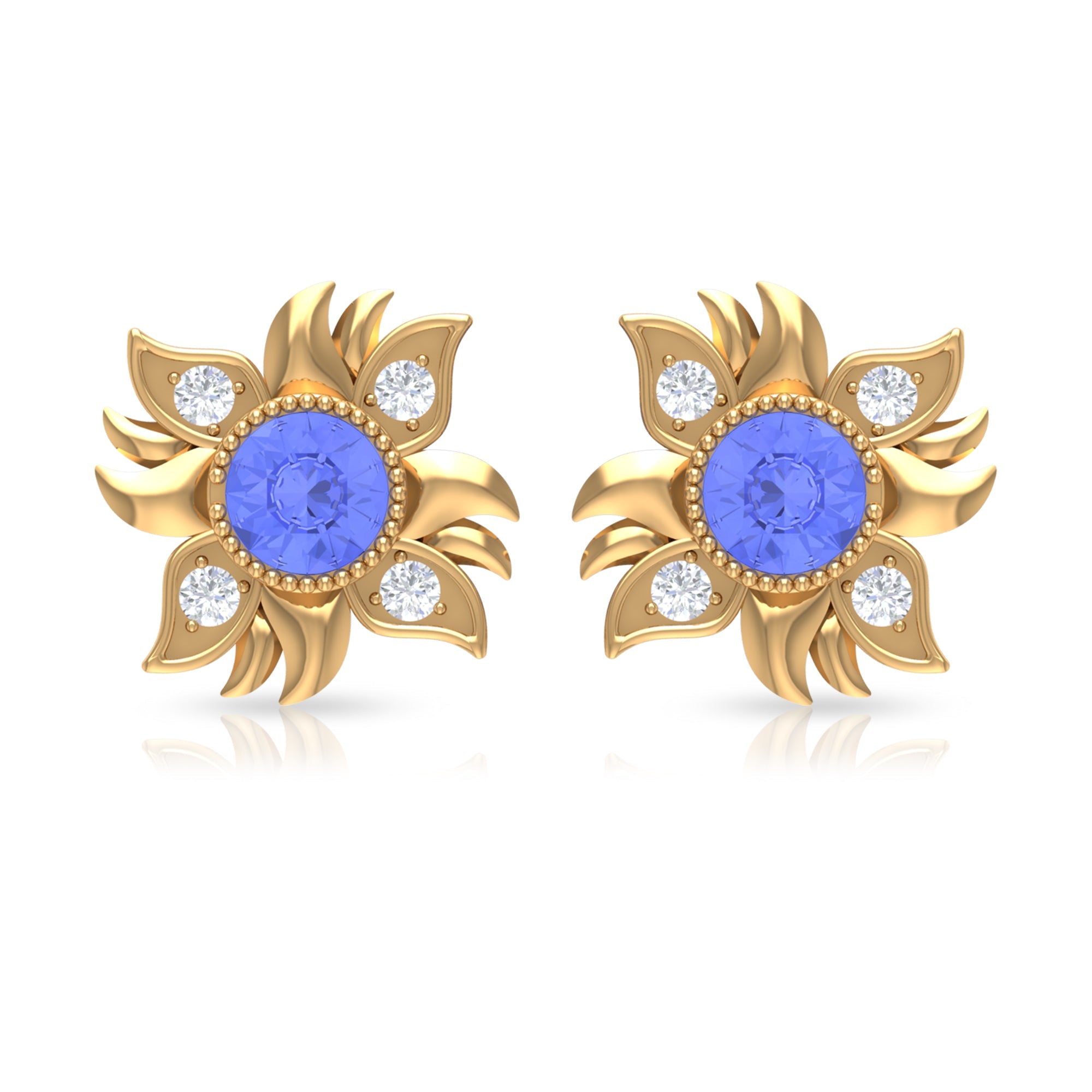 Round Shape Tanzanite and Diamond Sunburst Stud Earrings