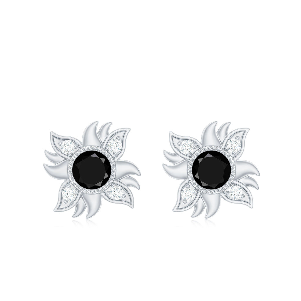 1/2 CT Round Shape Black Onyx and Diamond Sunburst Stud Earrings