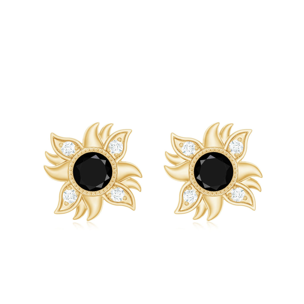 1/2 CT Round Shape Black Onyx and Diamond Sunburst Stud Earrings