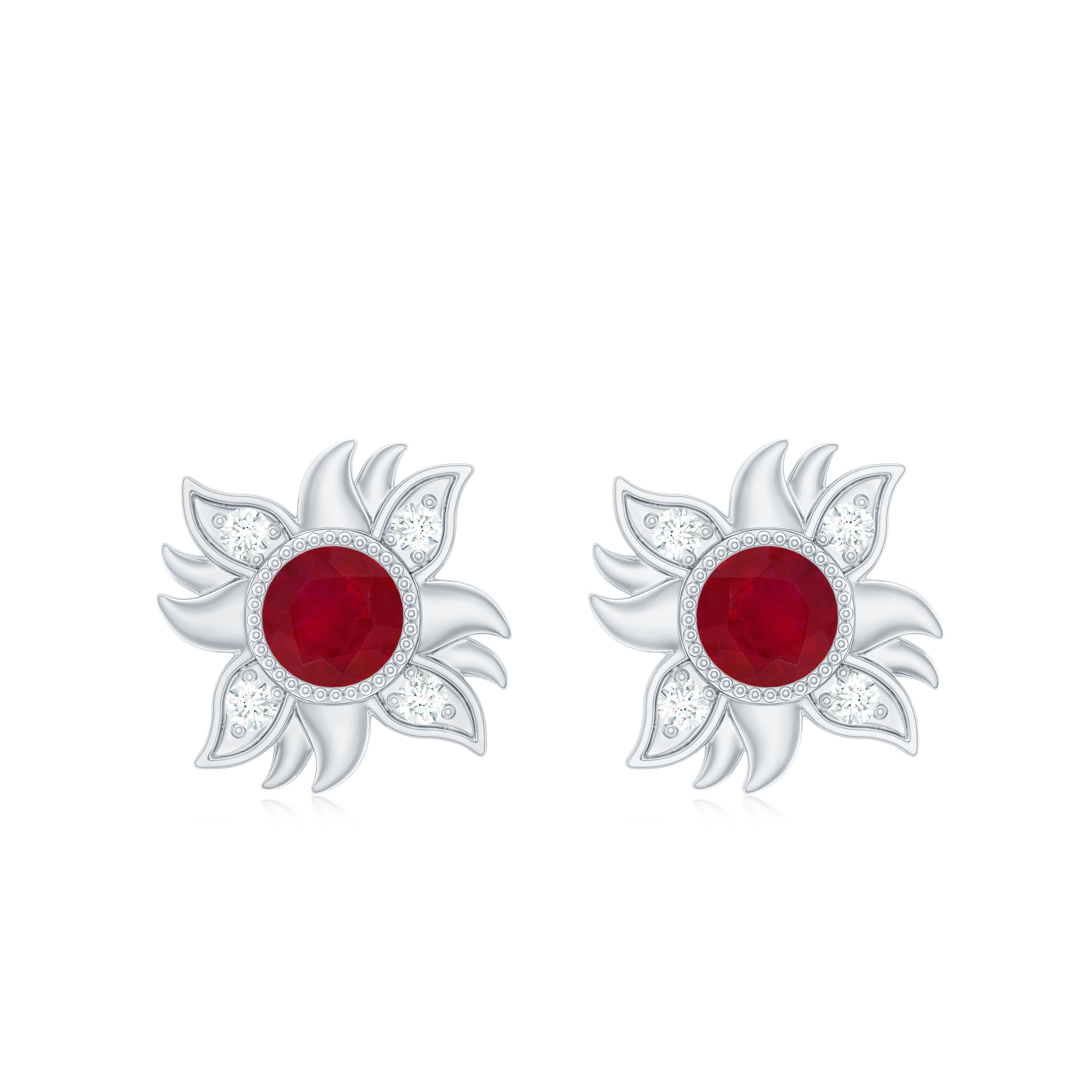 Real Ruby Diamond Sunburst Earrings with Screw Back