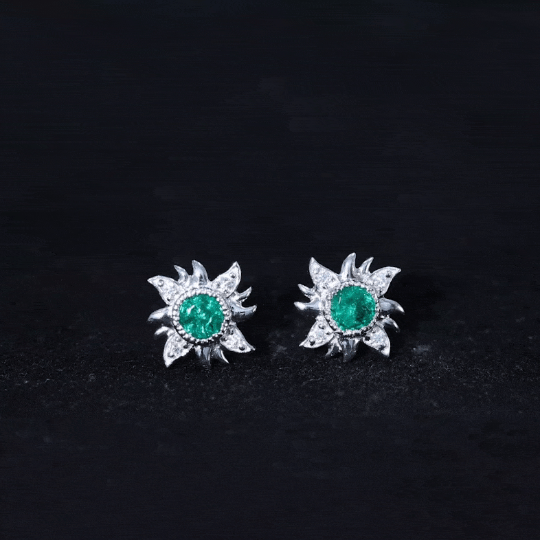 1 Carat Round Emerald and Diamond Sunburst Stud Earrings