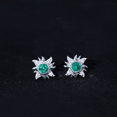 1 Carat Round Emerald and Diamond Sunburst Stud Earrings