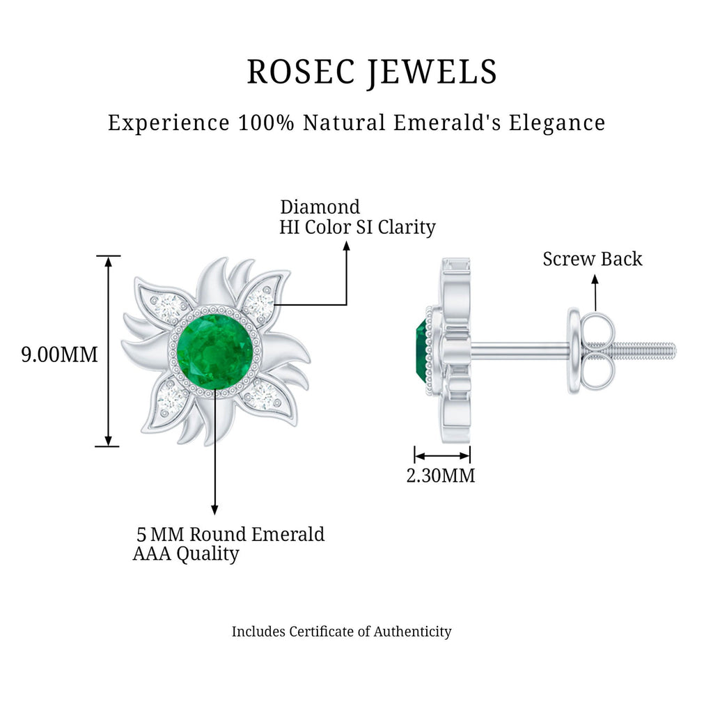 1 Carat Round Emerald and Diamond Sunburst Stud Earrings