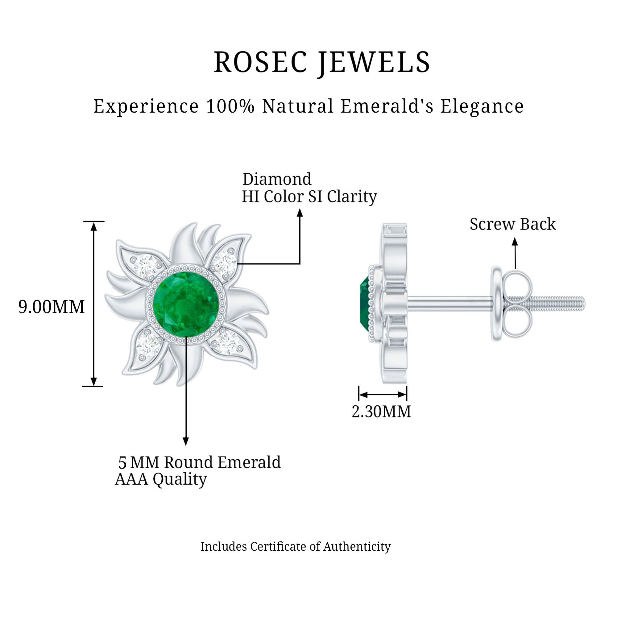 1 Carat Round Emerald and Diamond Sunburst Stud Earrings