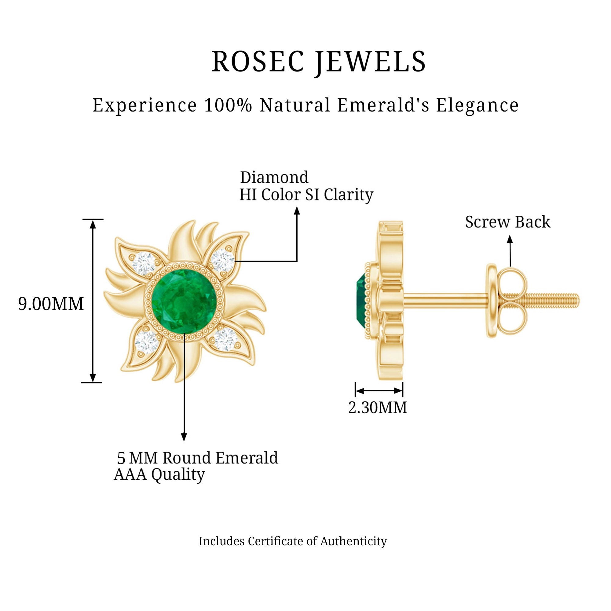 1 Carat Round Emerald and Diamond Sunburst Stud Earrings