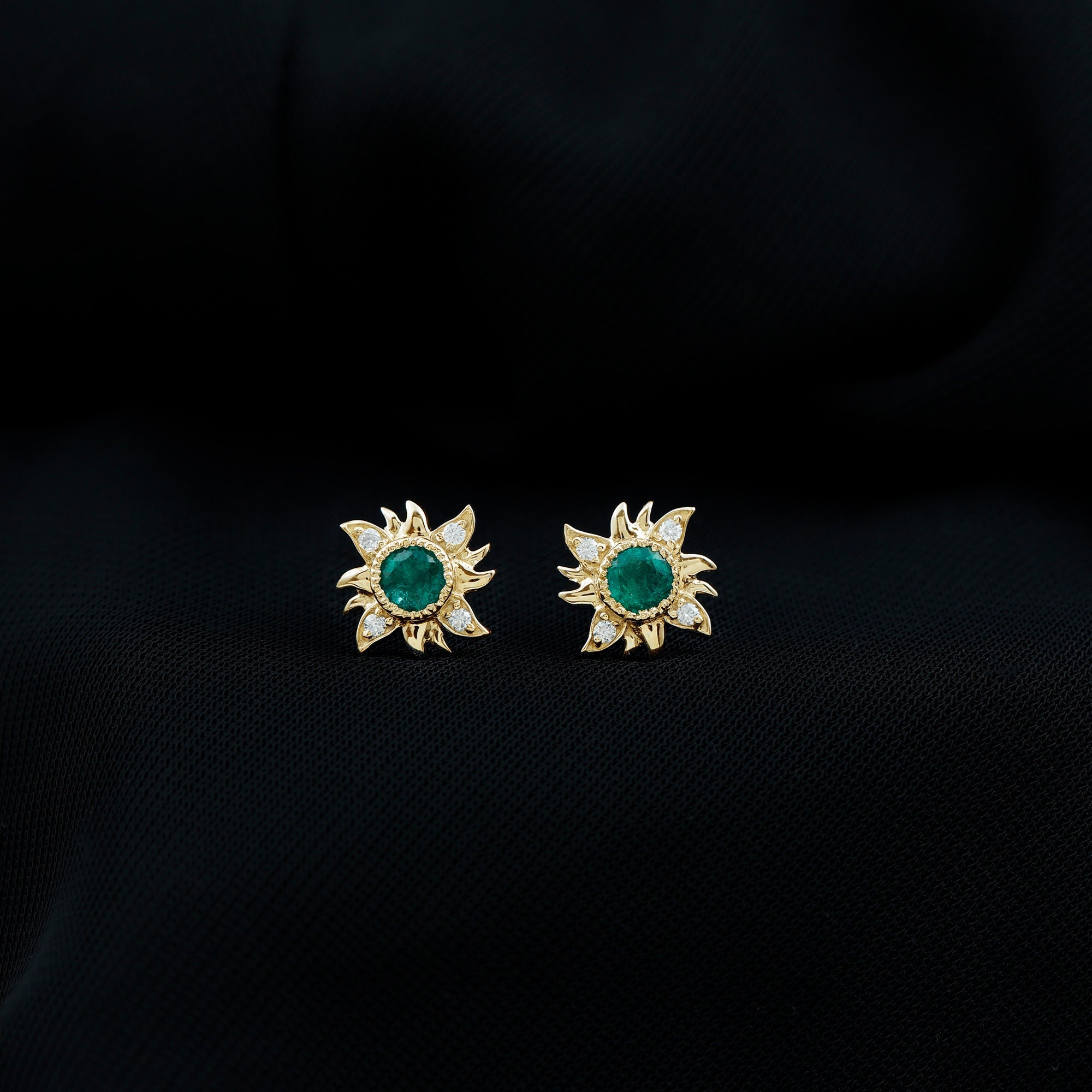1 Carat Round Emerald and Diamond Sunburst Stud Earrings