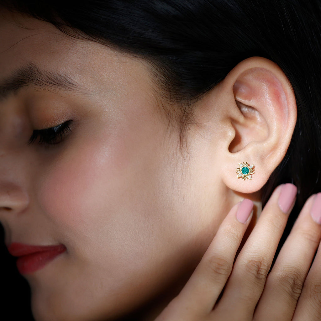 1 Carat Round Emerald and Diamond Sunburst Stud Earrings
