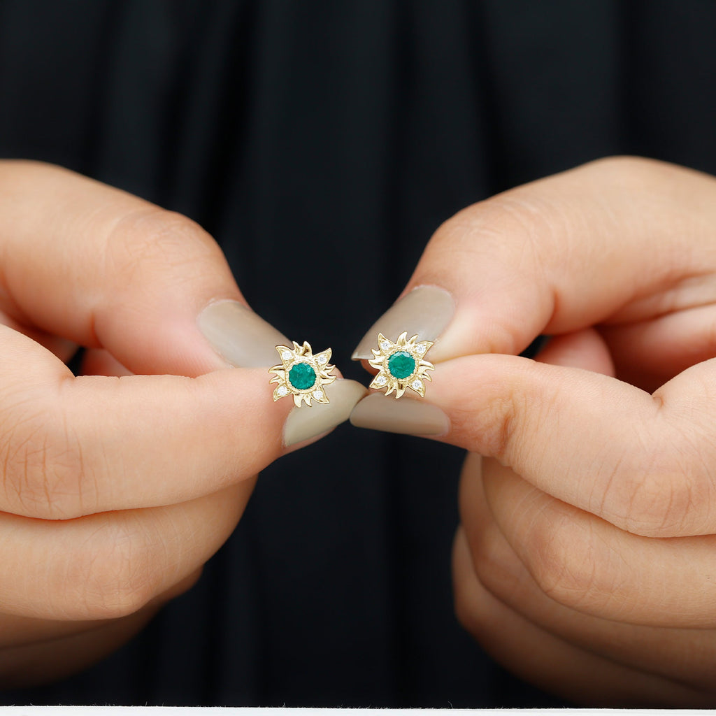 1 Carat Round Emerald and Diamond Sunburst Stud Earrings